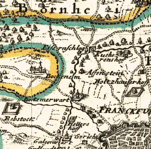 Historische Karte Franckfurt, mit der Gegend auf 2 Stund